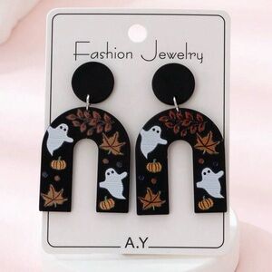 Fall Halloween Polymer Texture Post Dangle Earrings Spooky Ghosts & Pumpkins NWT